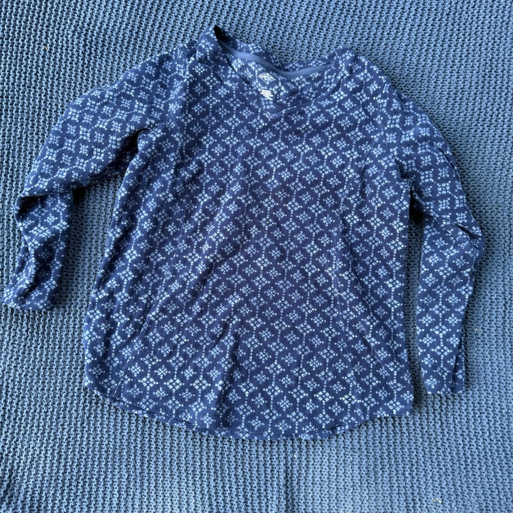 St John's Bay Active Women's Large Pullover Crew Neck Sweater Fleece Blue Print